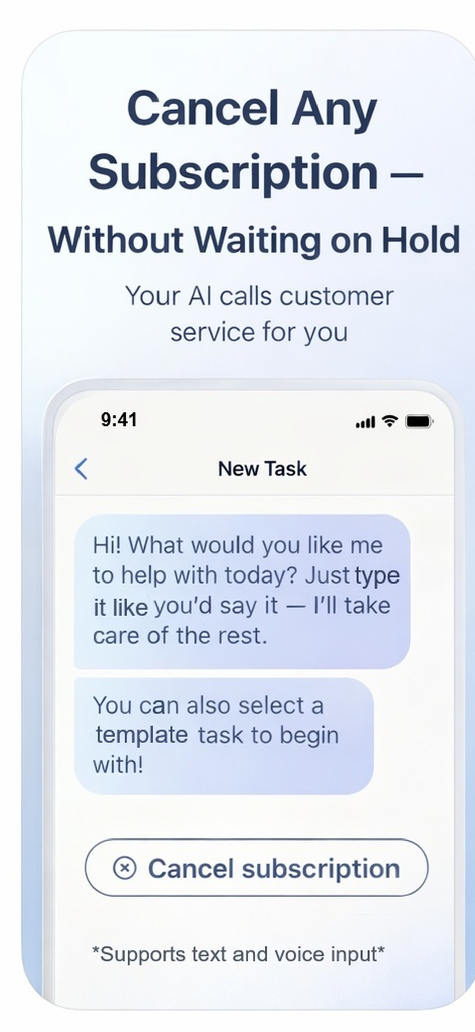 App interface showing an AI assistant ready to cancel any subscription without waiting on hold
