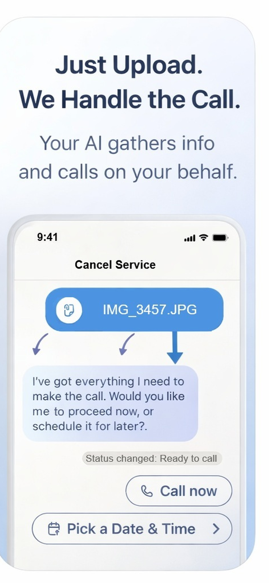 App interface prompting to upload a bill and schedule a call for cancellation